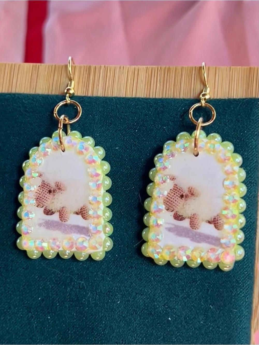 Green Pearl Beaded Pet-Themed Dangle Earrings - Cute Lamb Design